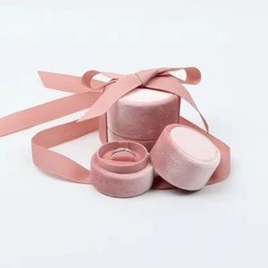 Velvet Pink Round Ring Box with Bow